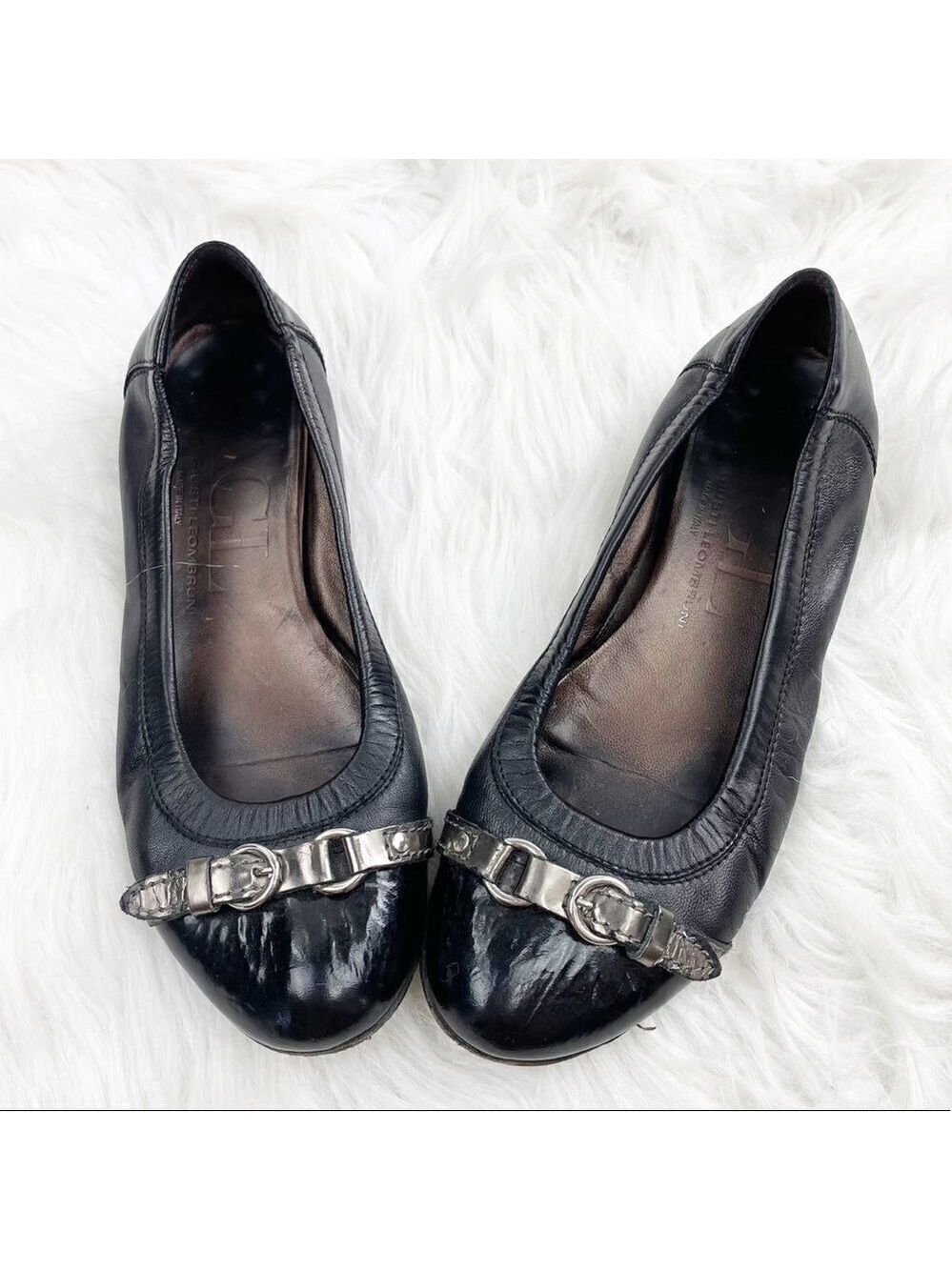AGL Leather & Patent Leather Buckle Ballet Flats